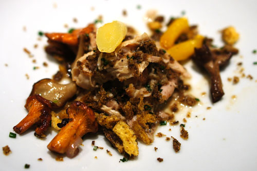 wandering the forest. braised rabbit. juniper. doug fir brandy. onion. doug fir gelee. glazed carrot. brioche black truffle soil. chive. chanterelle. bluefoot. hen of the woods.