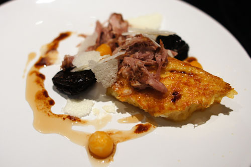 milk braised pork shoulder. maple french toast. blis maple. coffee sorghum poached prunes. coffee sorghum sauce. glazed rutabaga. dehydrated milk flakes.