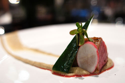 lamb. eggplant sheep yogurt puree. radish. compressed cucumber. purslane.