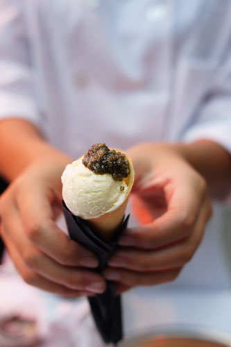 Tuile Cones with White Chocolate Ice Cream and American Caviar