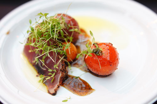 Pepper Crusted Yellow Fin Tuna, Sweet and Spicy Heirloom Cherry Tomatoes with Star Anise Essence