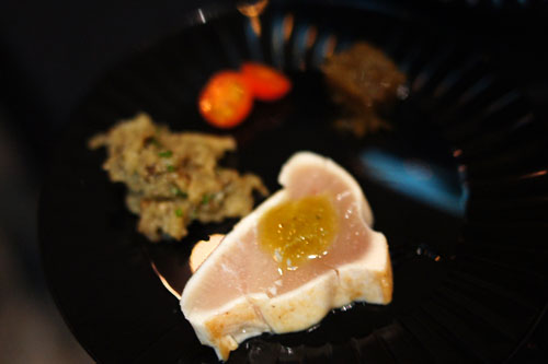 Seared Albacore Tuna Sashimi with Soy Glaze, Japanese Eggplant Caviar and Mozuku Aspic