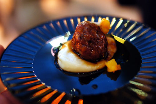 Pomegranate Glazed Duck Meatballs, Parsnip Puree, Orange Essence