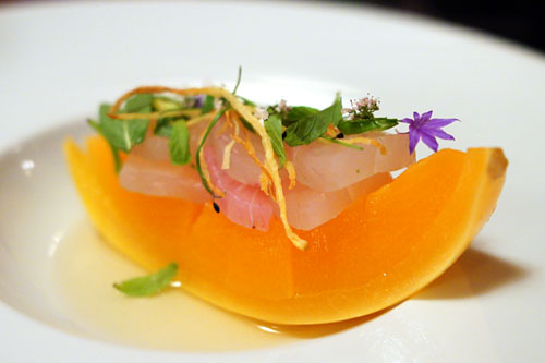 cured AMBERJACK, lime leaf, french melon, nuoc cham, bird chili, mint