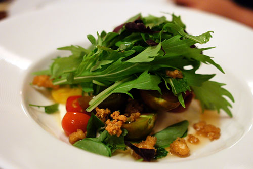 TOMATOES marinated in an infusion of their vines, silky tofu, crunchy tofu, herbs