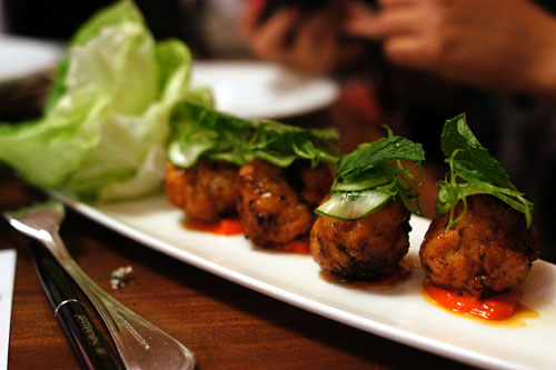 caramelized CHICKEN dumplings, lemongrass, scallion, bibb lettuce