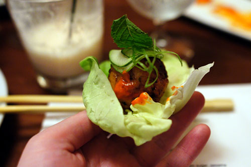 caramelized CHICKEN dumplings, lemongrass, scallion, bibb lettuce