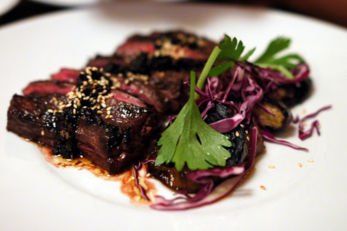 BEEF bavette, bacon X.O., chinese eggplant, chinese celery, lime, palm sugar, sesame