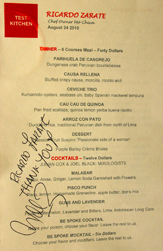 Test Kitchen (Ricardo Zarate) Menu