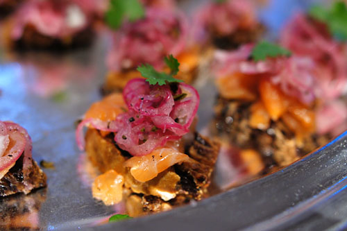 Vodka Cured Salmon on Pumpernickel Crostini with Dill Aioli