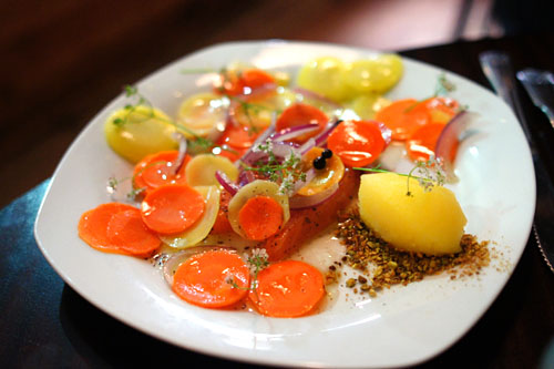 Salmon 'a l'Huile', Juniper Berries, Rainbow Carrot, Orange Ice, Pistachio