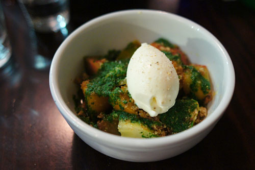 Heirloom Tomato Salad, Mozzarella Ice Cream, Basil Crumble