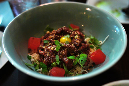 Raw Wagyu Beef, Somen Noodle, Peanut Vinaigrette, Watermelon