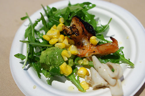 Grilled Shrimp and Squid with Arugula, Corn, and Lemon Dressing