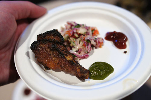 BBQ Punjabi Grilled Chicken Wings, Local Plum Chutney, Mint & Jalapeno Chutney / Cabbage, Cucumber & Pepper Slaw, Mango & Yogurt Mustard Seed Dressing