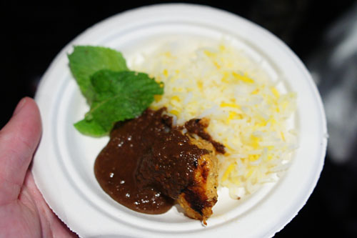 Grilled Chicken with Walnut-Pomegranate Sauce and Saffron Rice