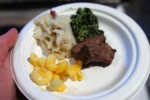 Rib Eye of Beef with Mashed Potatoes, Creamed Spinach, and Macaroni & Cheese