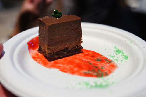 Chocolate Torte with Raspberry Coulis and Herb Caviar