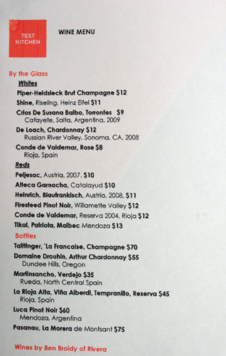 Test Kitchen (Young Team) Wine List