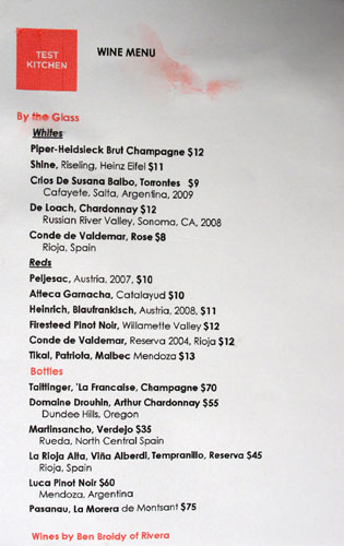 Test Kitchen (Shelley Cooper) Wine List