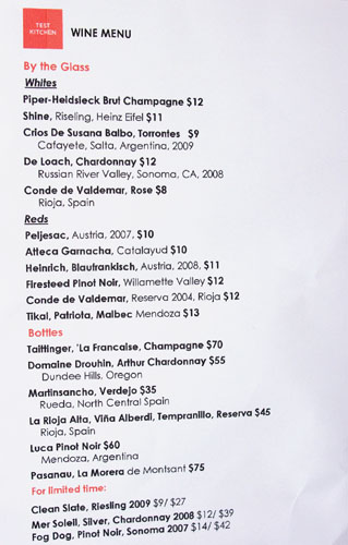 Test Kitchen (Joshua Smith) Wine List