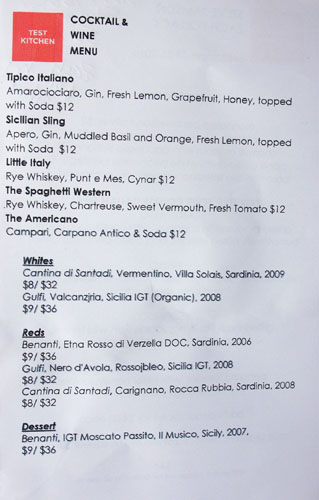 Test Kitchen (Steve Samson & Zach Pollack) Cocktail and Wine List