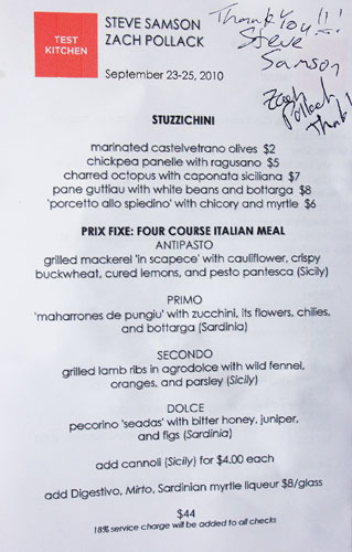 Test Kitchen (Steve Samson & Zach Pollack) Menu