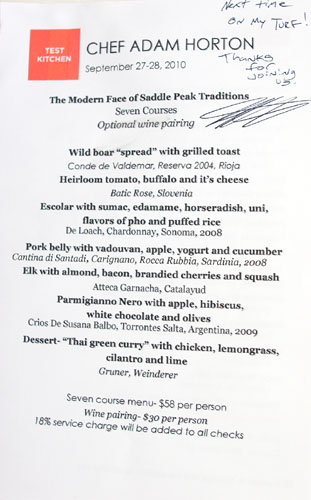 Test Kitchen (Adam Horton) Menu