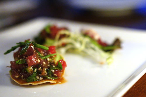 blue fin tuna and dried beef machaca tostada