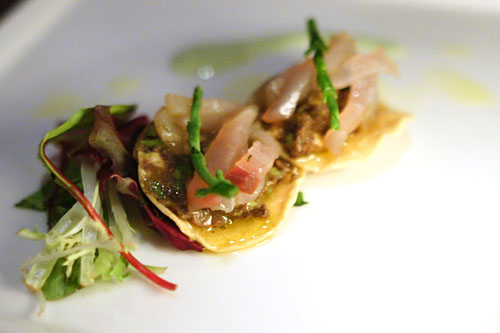 smoked marlin and tapenade/guacamole tostada