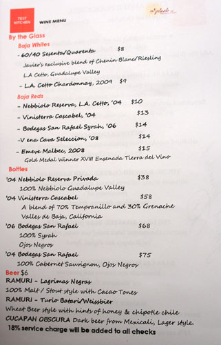 Test Kitchen (Javier Plascencia) Wine List