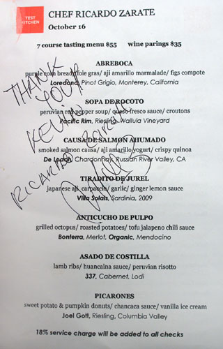 Test Kitchen (Ricardo Zarate) Menu