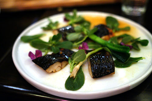 Marinated Mackerel, Leche De Tigre, Baby Leeks, Verdolagas Leaves