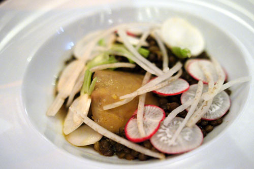 Poached Foie Gras, Green Lentils, Miso Broth, Turnips & Radish