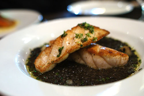 Seared Pacific sturgeon, beluga lentils, cippolini onions, and salsa verde