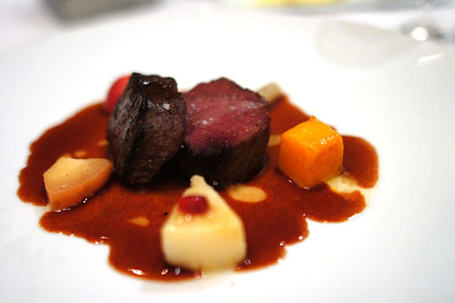 Filet de chevreuil, loin of venison, roasted market vegetables and fall fruits