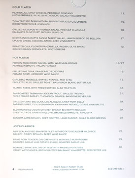 Joe's Chef's À La Carte Menu