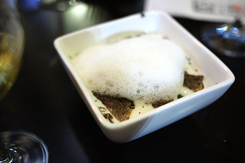 White Rice Veloute, Mascarpone, Poached Egg, Spinach, Fresh Black Truffle, Parmesan Bubbles