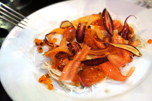 Salmon 'a l'huile', Somen Noodles, Carrots, Red Wine Vinaigrette, Grilled Salmon Roe