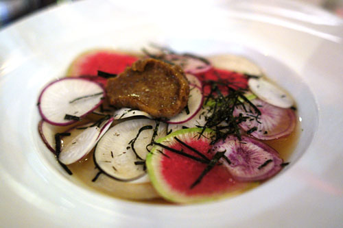 Braised Veal Ravioli, Umami Broth, Dried Tuna, Radish & Gingerbread Mayo