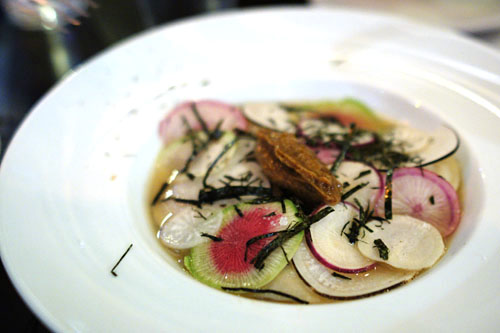 Braised Veal Ravioli, Umami Broth, Dried Tuna, Radish & Gingerbread Mayo