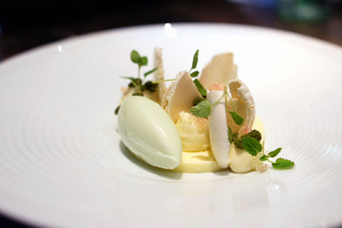 Lime sabayon, cucumber ice cream, cashew macaroons, white chocolate, jasmine