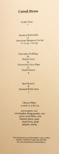 Salt's Cure Cured Menu