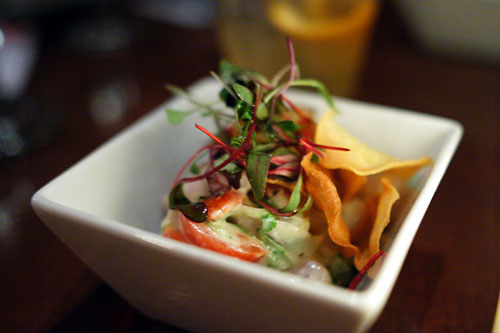 Ono ceviche, coconut milk, tomato, cilantro