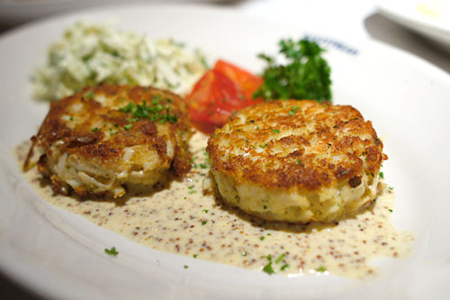 Jumbo lump crab cakes, with Pommery mustard sauce and coleslaw