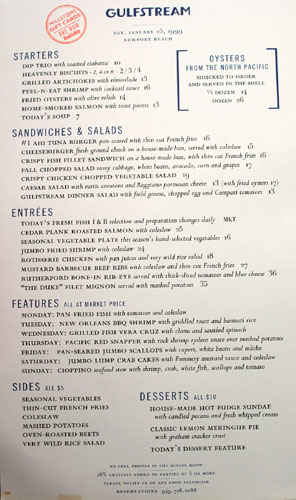 Gulfstream Dinner Menu