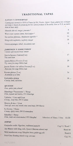 The Bazaar Menu, Traditional Tapas