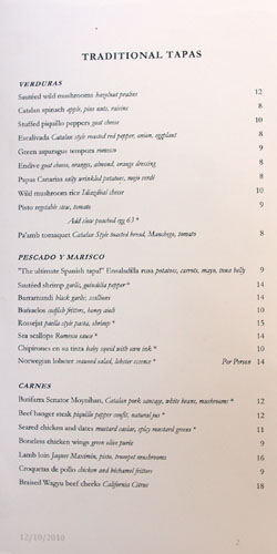 The Bazaar Menu, Traditional Tapas