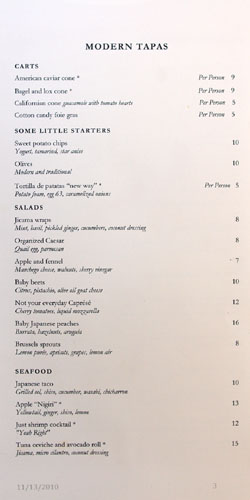 The Bazaar Menu, Modern Tapas