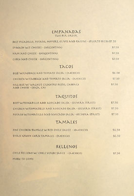 Pan Am Room Menu